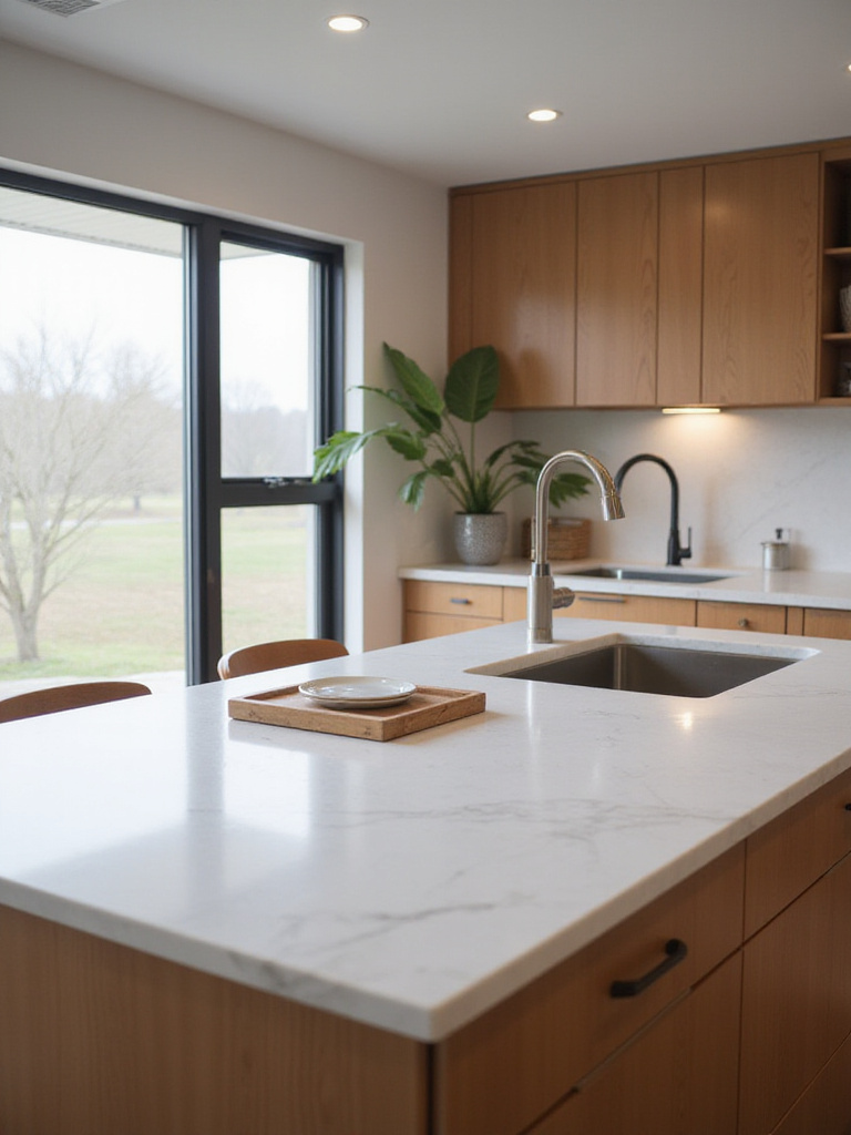Vertical shot of a modern kitchen island with a flush under-mount prep sink.