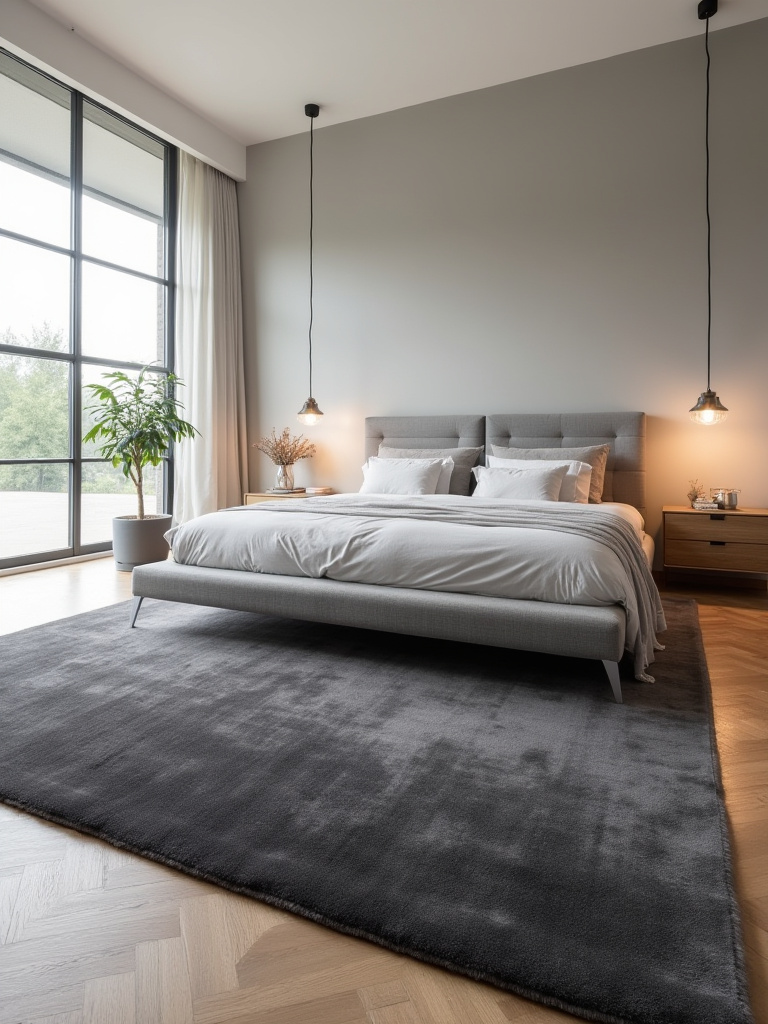A modern bedroom with a large charcoal grey statement rug anchoring a platform bed and nightstands, defining the sleep zone and adding warmth.