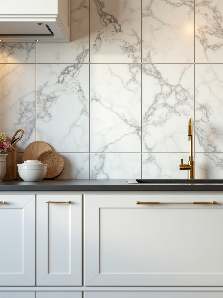 Luxury kitchen featuring a polished natural marble tile backsplash, showcasing unique veining and texture, reflecting timeless elegance.