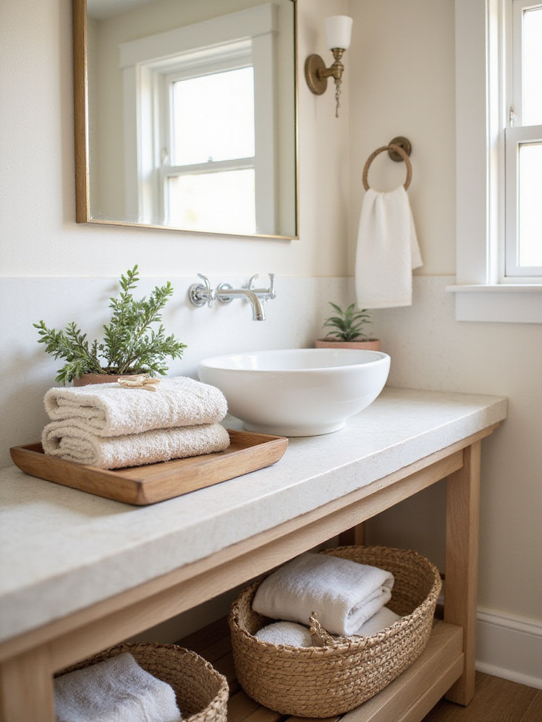 Vertical farmhouse vanity with linens, baskets, and greenery
