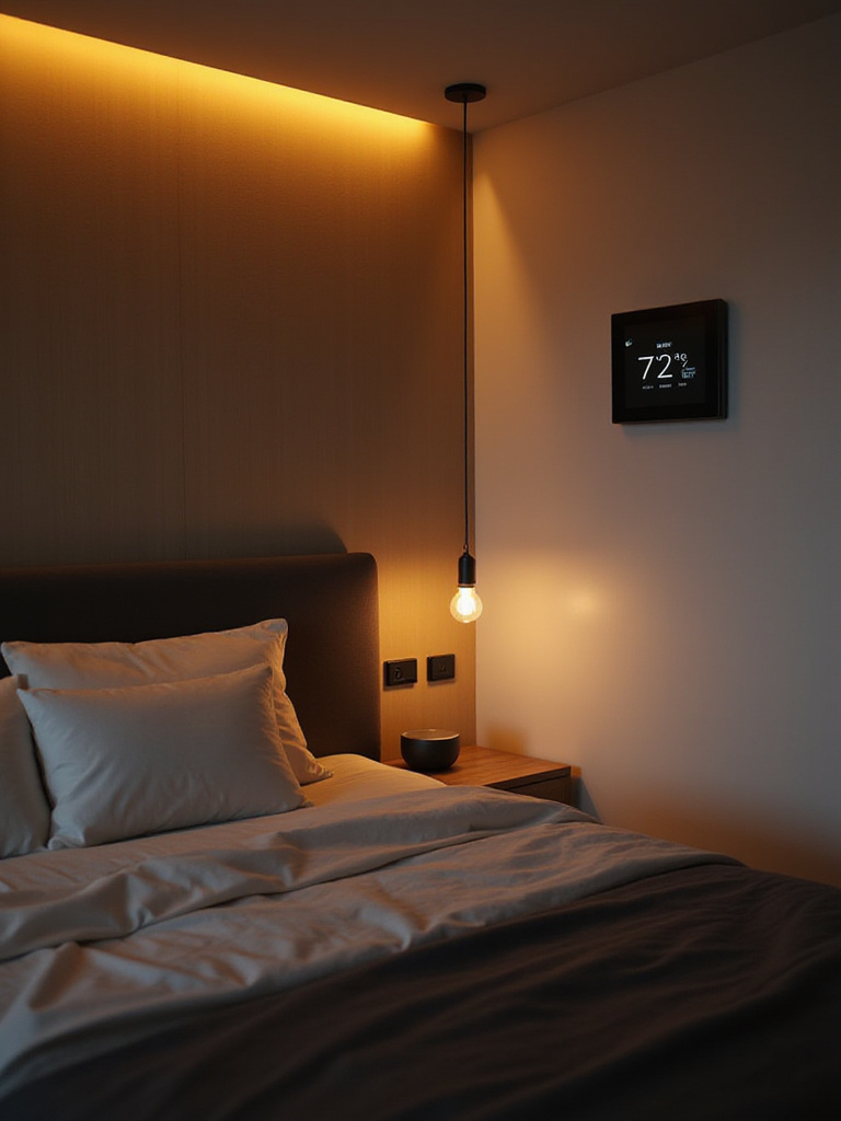 A modern bedroom showcasing integrated smart lighting, a discreet smart thermostat, and a subtle smart speaker, illustrating seamless ambiance control and personalized comfort.