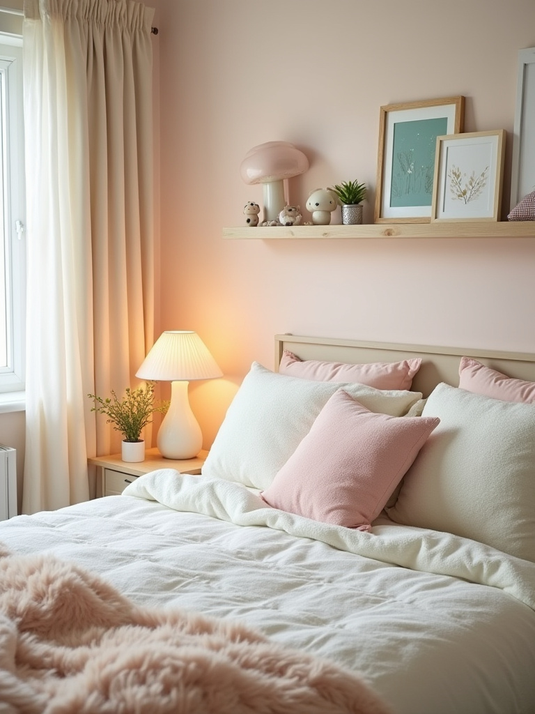 Whimsical bedroom with playful decorative accessories on shelves, bed, and nightstand.