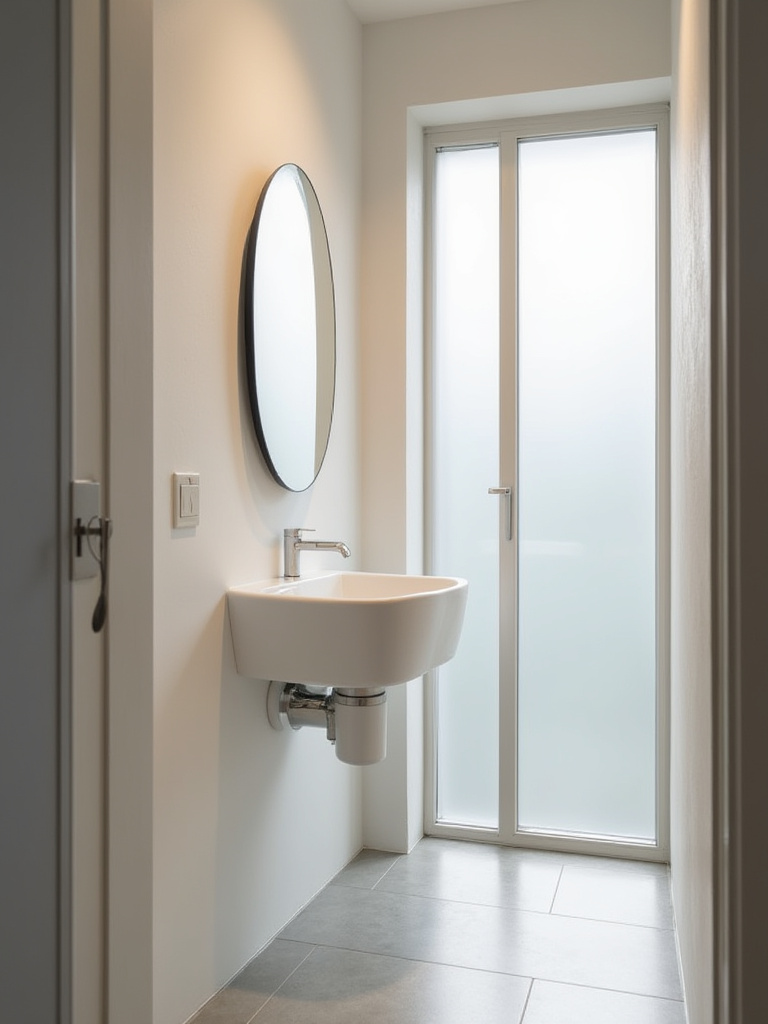 Corner sink tucked into bathroom corner freeing walkway space