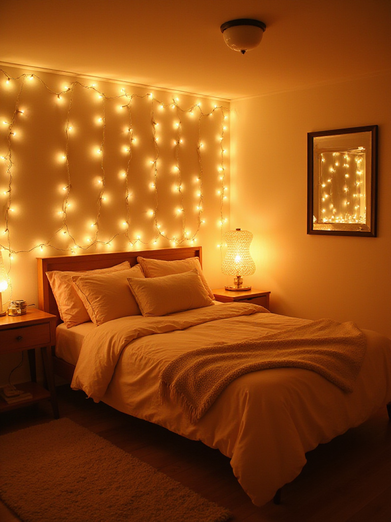 Cozy bedroom lit with warm ambient lighting from decorative fixtures