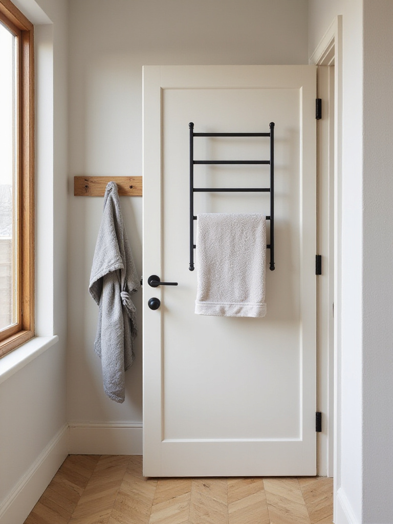 Vertical bathroom with door-mounted hooks and wall-mounted towel rack for towels and robes