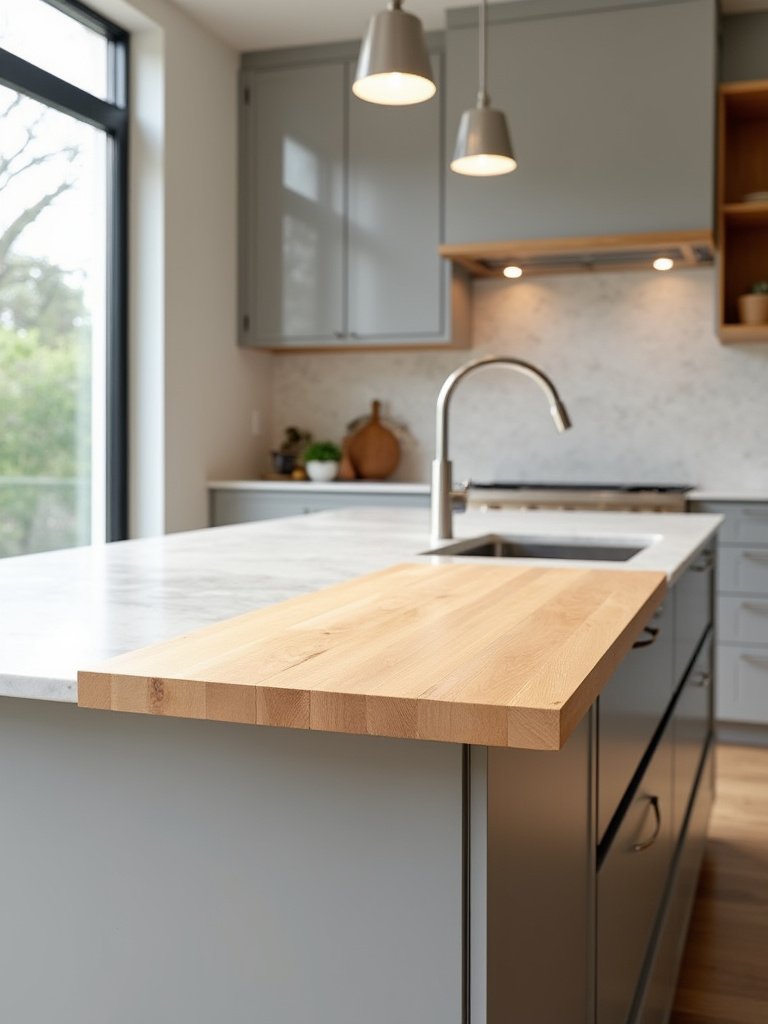 Portrait of kitchen island with integrated chopping boards for seamless workflow