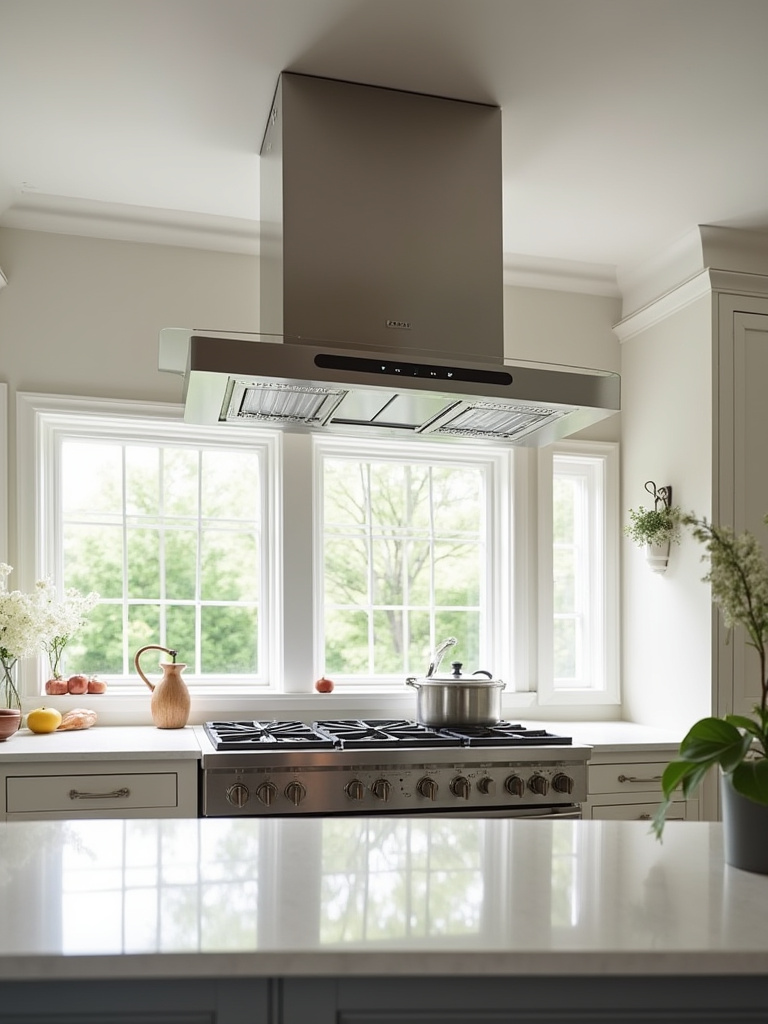 Modern kitchen with powerful ducted range hood, specialized ventilation system improving air quality.