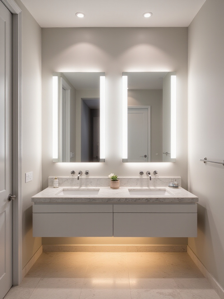 Modern bathroom featuring layered lighting with sleek sconces flanking the vanity mirror, recessed lights overhead, and soft LED strips under the floating vanity, creating a bright and inviting atmosphere.