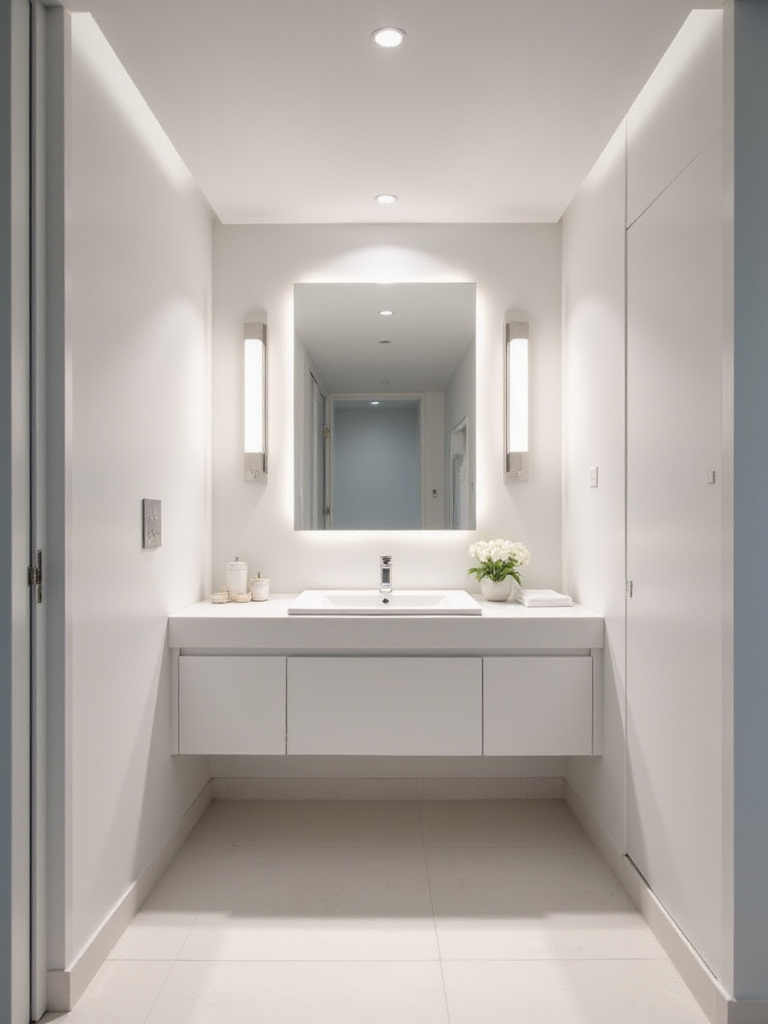 Bathroom with recessed and task lighting eliminating shadows