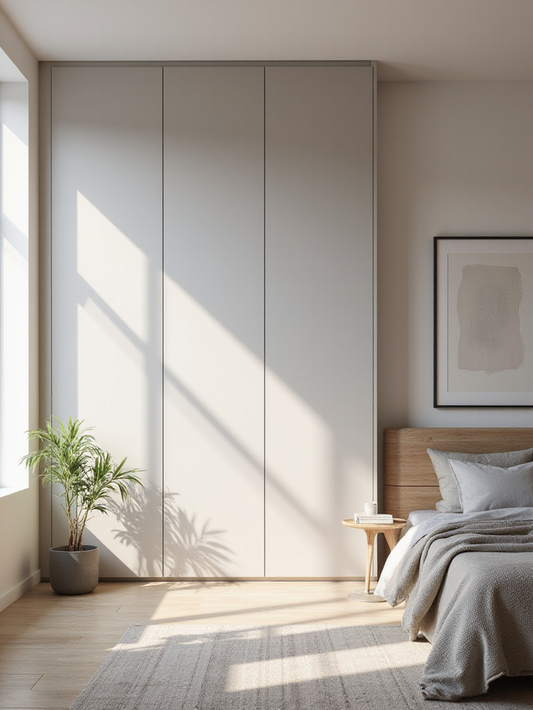 A minimalist modern bedroom featuring perfectly integrated concealed storage units that blend into the walls, creating a clean and uncluttered environment.
