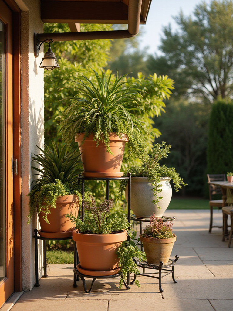 Vertical patio display featuring tiered planters on stands