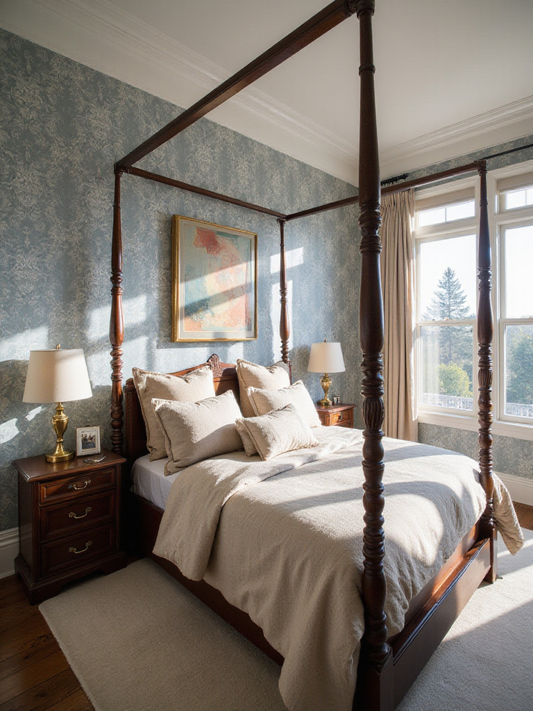 Bedroom with patterned wallpaper seamlessly integrated with classic dark wood furniture and cream linen bedding, showing cohesive design.