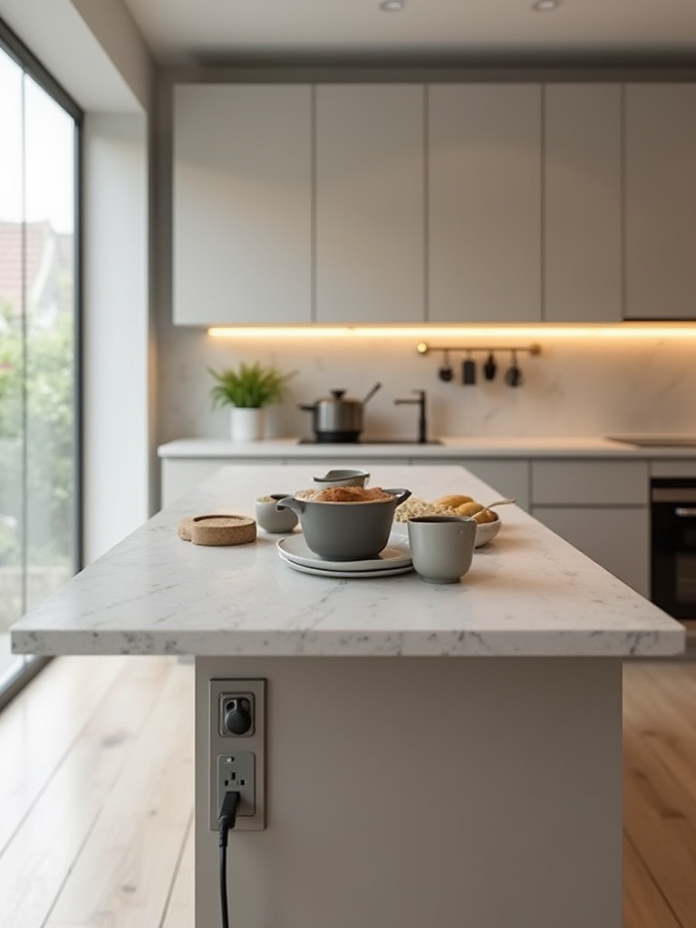 Portrait of a modern kitchen island with a hidden power outlet system