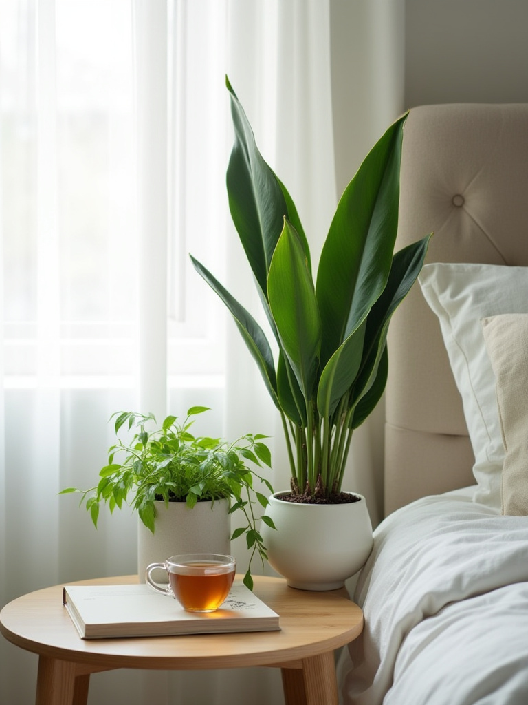 A cozy bedroom corner with a tall snake plant and a trailing pothos plant on a wooden nightstand, surrounded by soft, natural light, creating a fresh and serene atmosphere.
