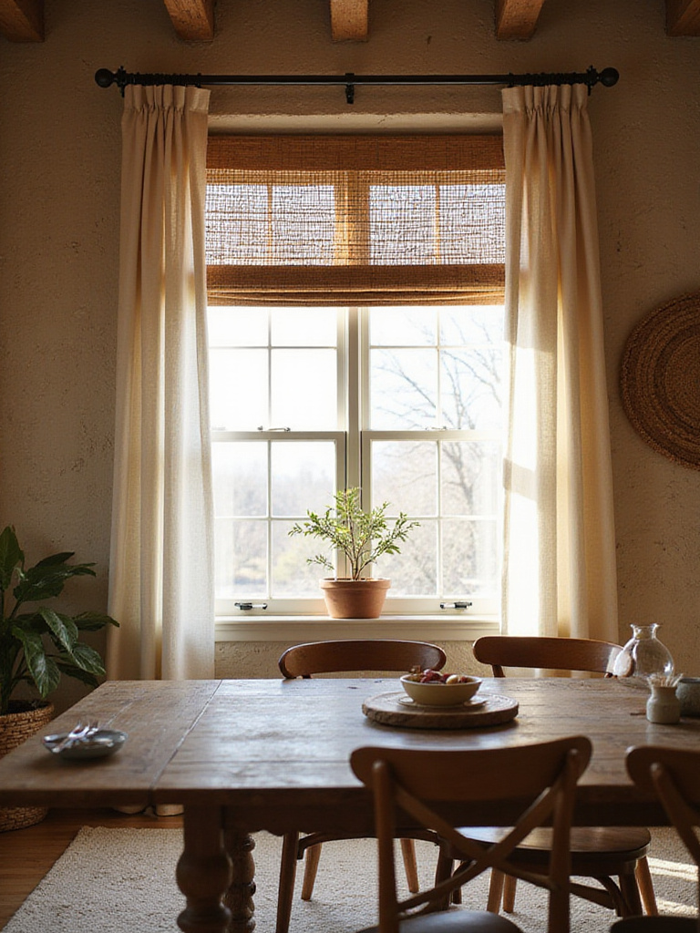Rustic dining room with natural fiber window treatments diffusing soft light