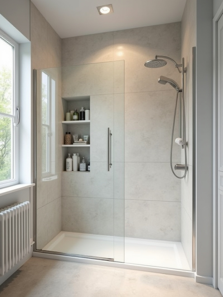 Built-in shower niche shelving in wall of a modern small bathroom