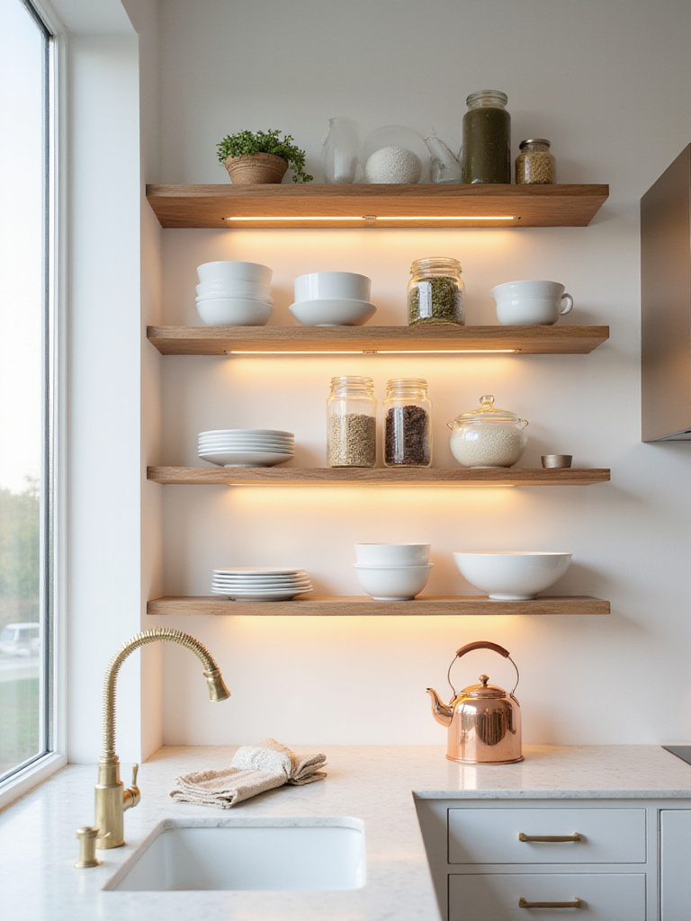 Vertical kitchen wall with open shelving displaying dishes, jars, and herbs.