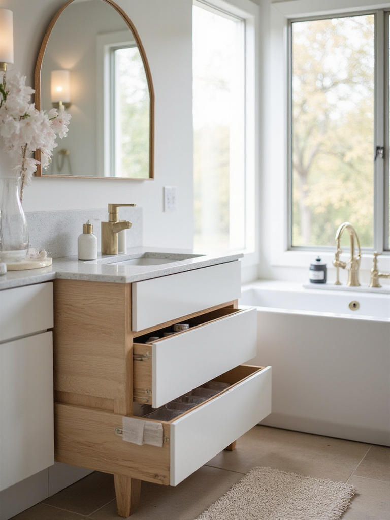 Portrait shot of a bathroom vanity with drawers open, showcasing smart drawer organizers for clutter-free countertops.