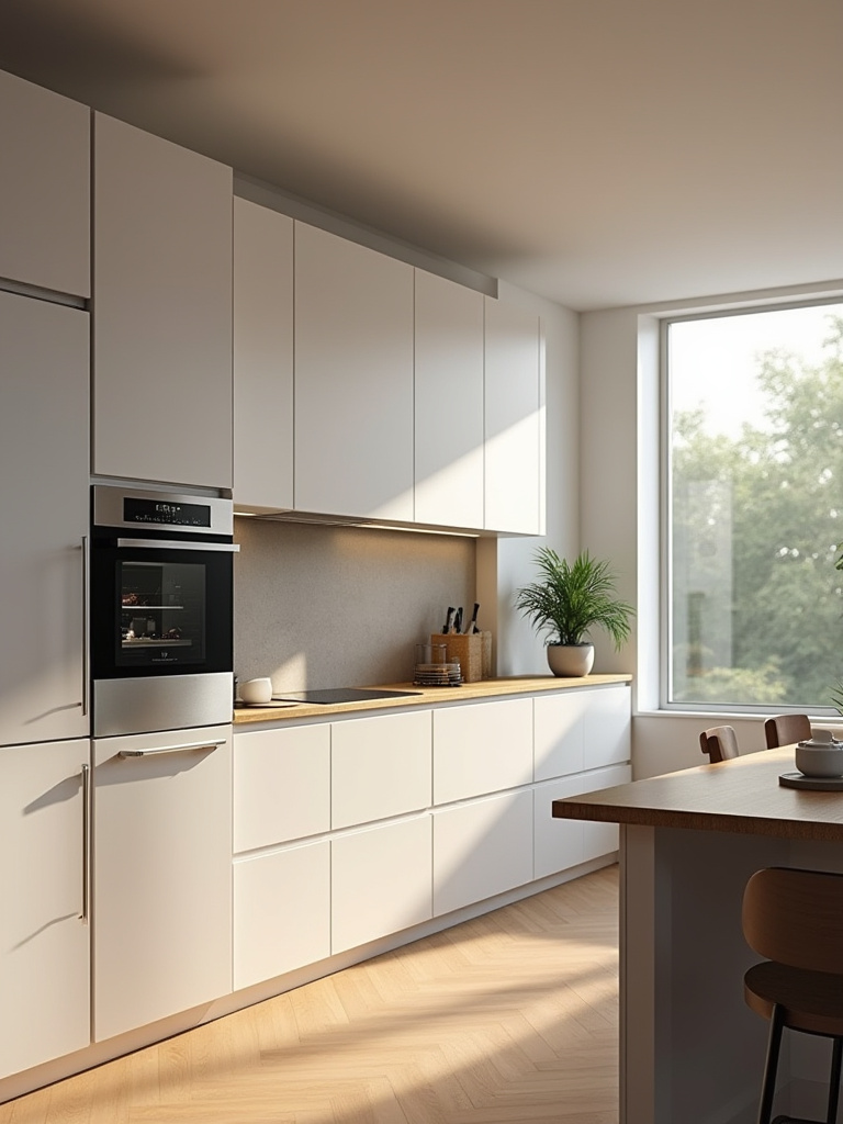 Modern kitchen with integrated smart appliances like a touchscreen oven, smart refrigerator, and voice assistant hub for enhanced convenience.