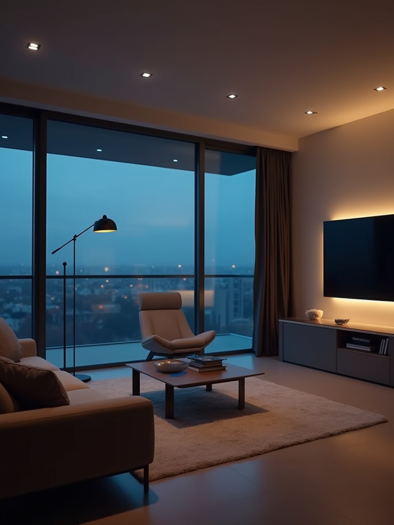 Modern living room showcasing integrated smart lighting system with dimmable, color-changing lights for various moods and energy efficiency, enhancing convenience.