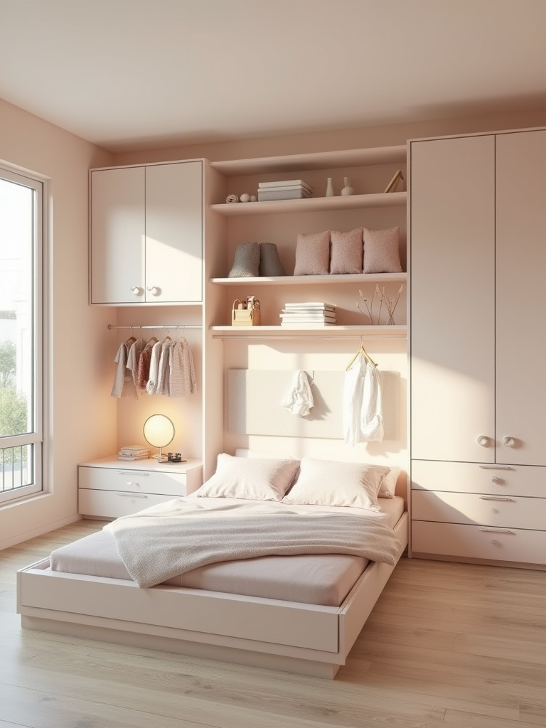A tidy, stylish bedroom with built-in storage and hidden compartments