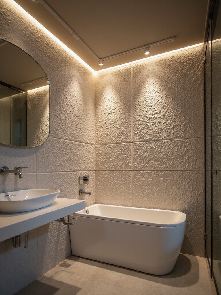 Close-up of a modern bathroom feature wall with textured ceramic relief tiles, expertly illuminated by strategic wall-grazing LED lighting that accentuates the tile's intricate texture and depth, creating dramatic shadows.