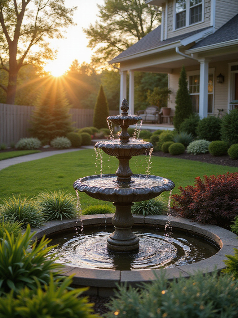 Portrait view of a front yard with integrated water feature and sunset lighting