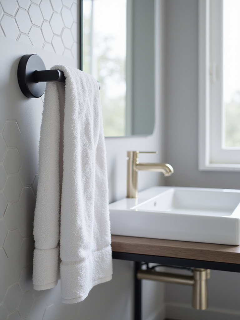 Modern bathroom with a matte black hand towel ring beside a white vessel sink and brass faucet, illustrating cohesive bathroom accessory design.