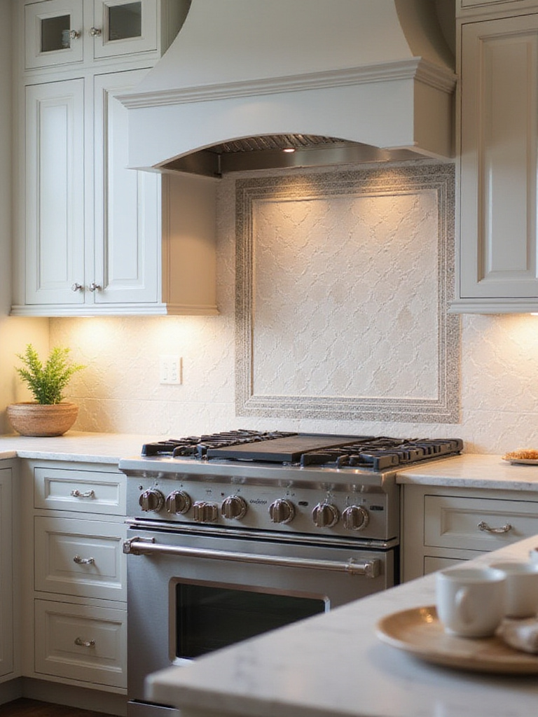Modern kitchen showcasing a tiled backsplash with contrasting decorative tile borders, defining cooking and prep zones, illuminated by natural light.