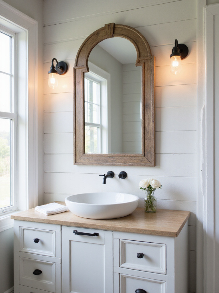 Arch-shaped mirror with a warm wood frame above a farmhouse vanity