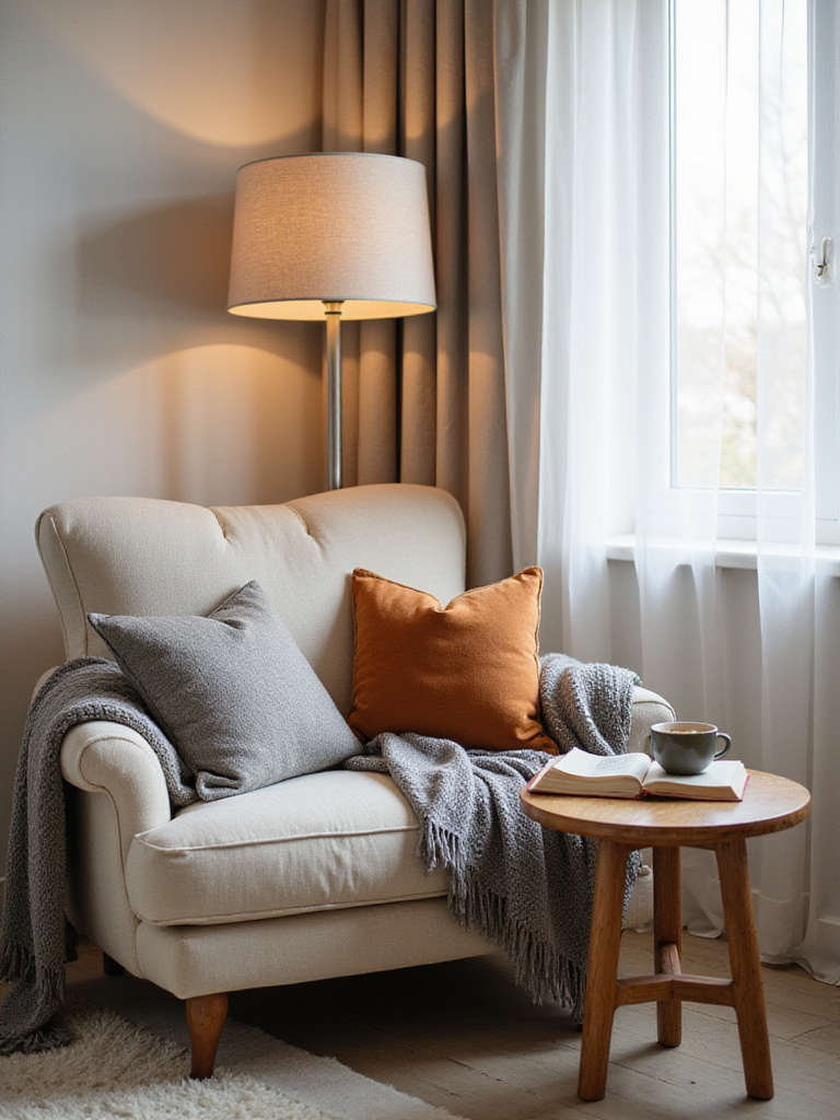 A beautifully designed cozy reading nook featuring a plush armchair with throw blankets and pillows, a side table with a book and teacup, and a floor lamp, all illuminated by soft natural light.