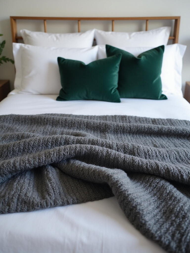 Modern bedroom bed styled with diverse textures including crisp white linen sheets, a chunky gray knit throw blanket, and emerald velvet cushions, promoting cozy and luxurious bedroom texture ideas.