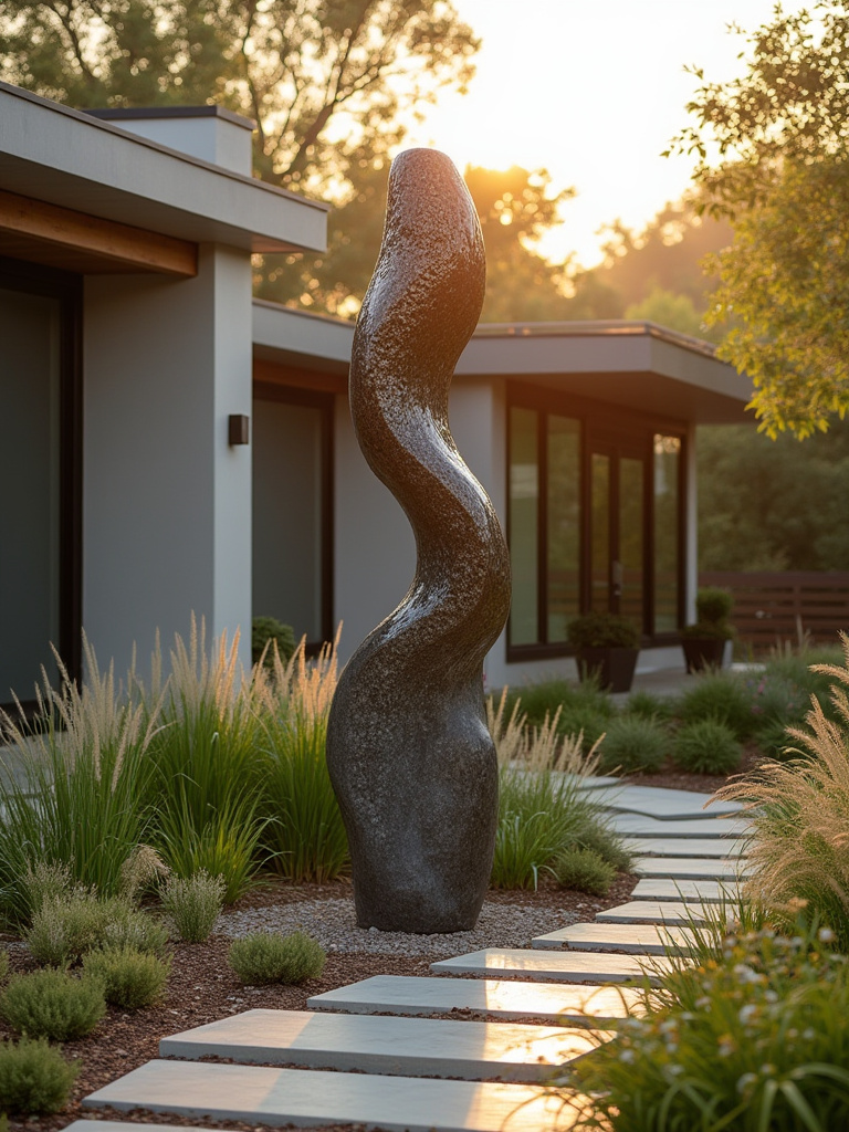 Vertical shot of a front yard showing a bold sculpture surrounded by greenery and warm lighting.
