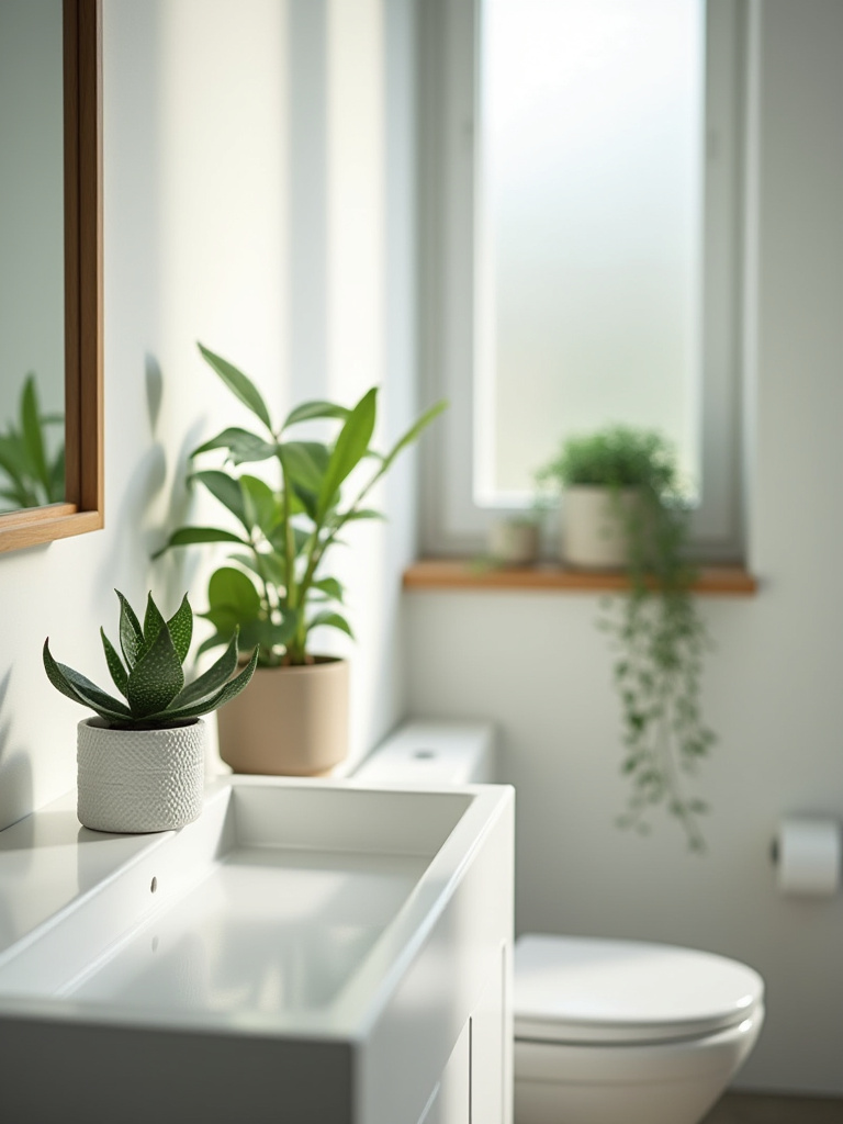 Portrait view of a modern bathroom with a snake plant on a vanity and a cascading pothos, creating a fresh, calm, and spa-like atmosphere.