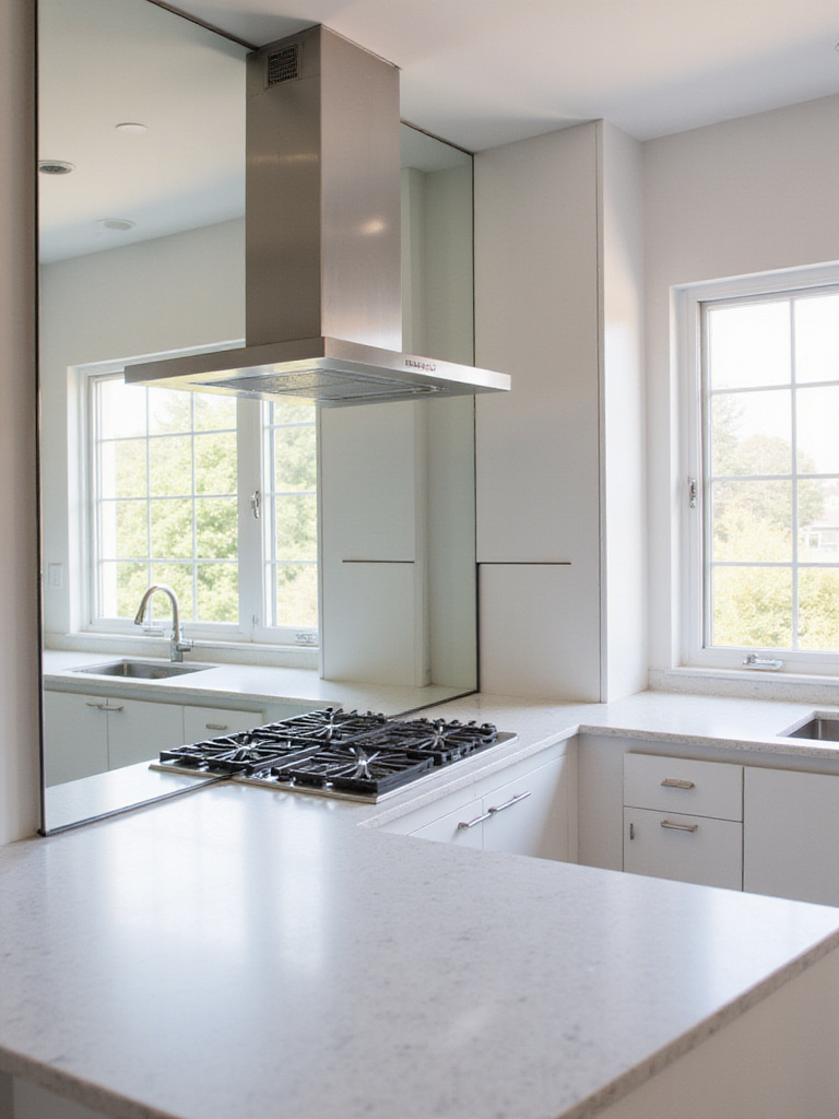 Modern kitchen with mirrored wall reflecting light for more space