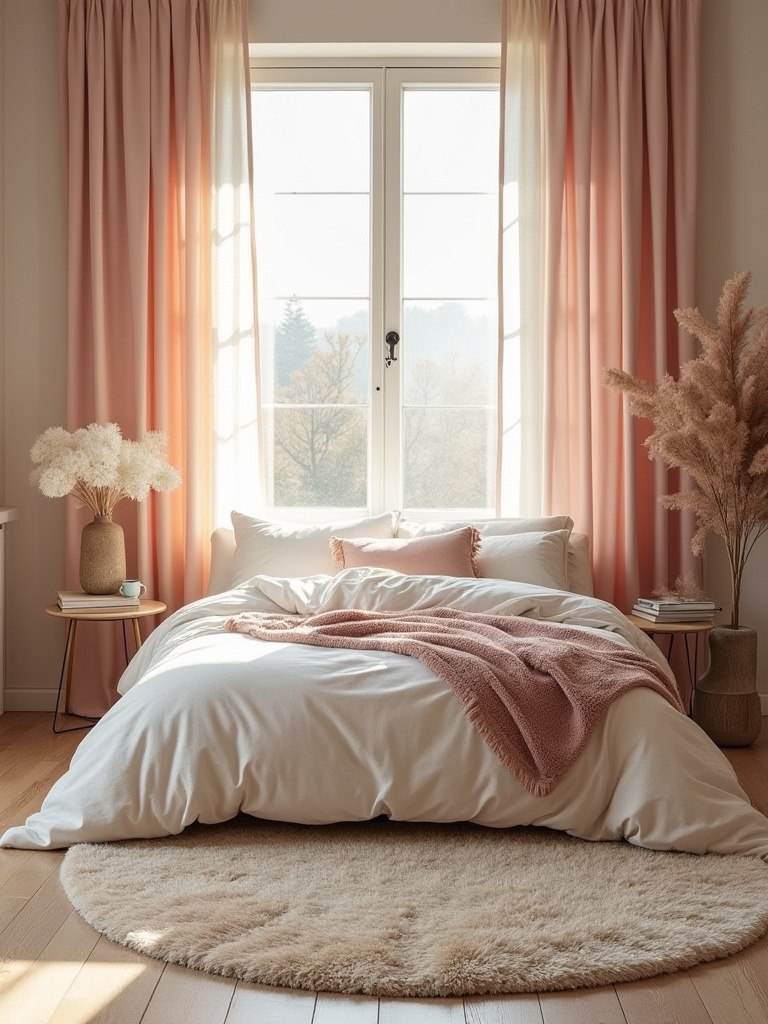 Cozy bedroom with layered rugs and velvet drapes