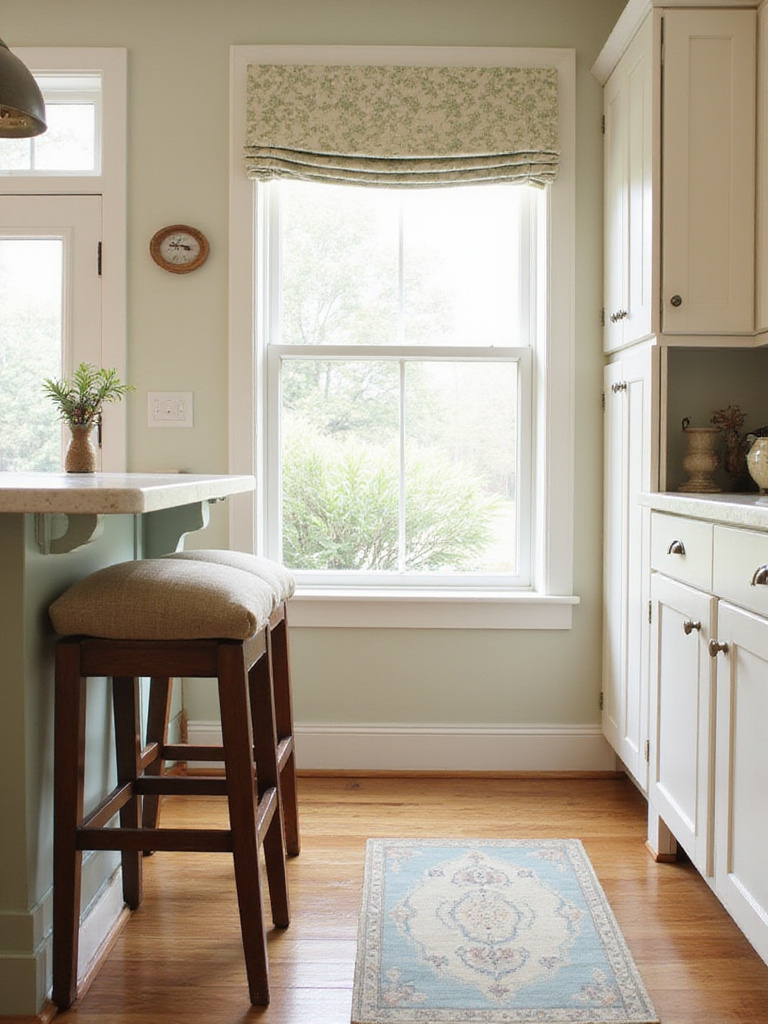 A charming traditional kitchen interior featuring a window with patterned Roman shades, a bar stool with a textured linen cushion, and a subtle area rug, showcasing the addition of textiles for warmth.
