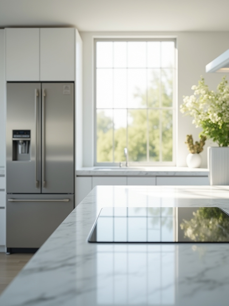 A modern kitchen featuring a sleek, energy-efficient stainless steel refrigerator and induction cooktop, emphasizing sustainability and savings in a home renovation.