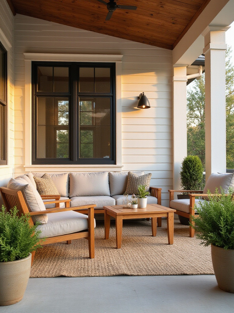 Front porch with quality outdoor furniture and greenery