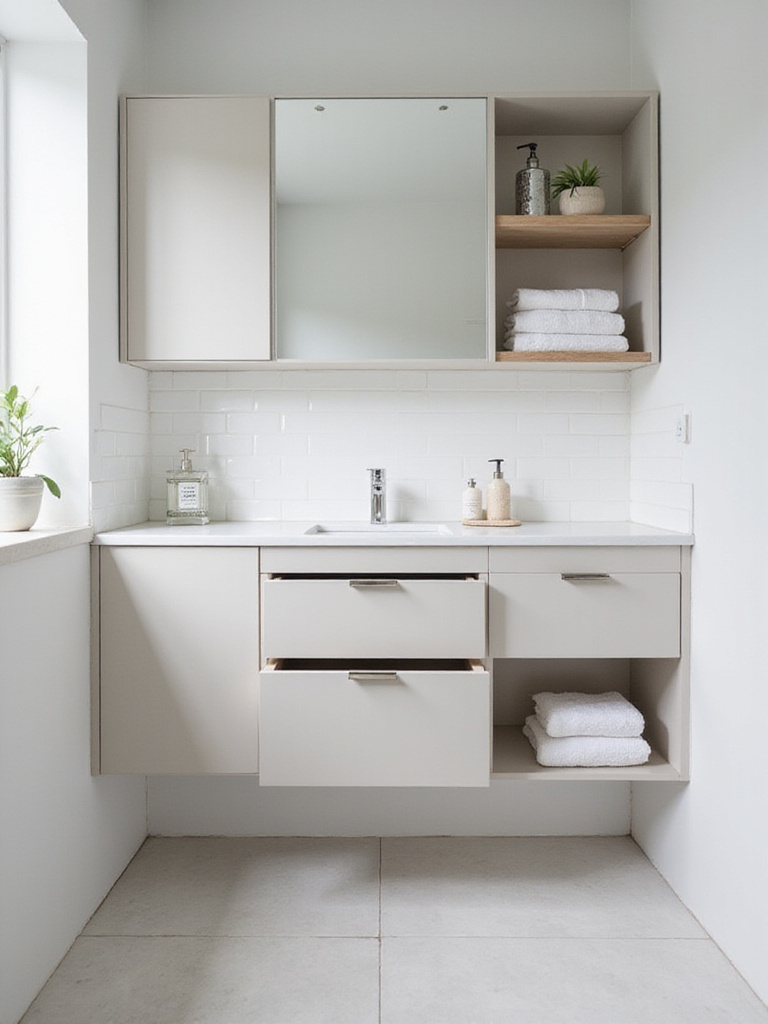 A sleek, minimalist small bathroom showcasing wall-mounted storage solutions, including a modern vanity and a recessed medicine cabinet, designed for maximum organization.