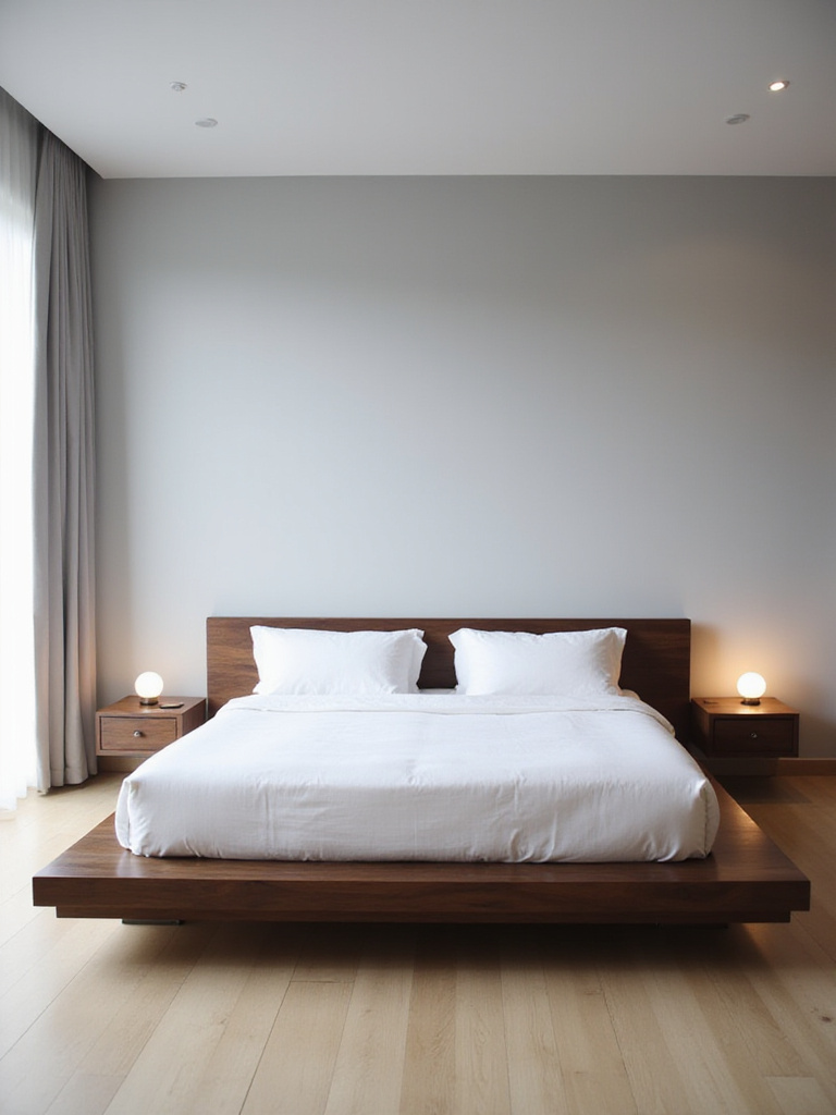A sleek dark walnut platform bed anchoring a minimalist modern bedroom, featuring an integrated headboard and crisp white bedding under natural light. Ideal for modern bedroom decor.