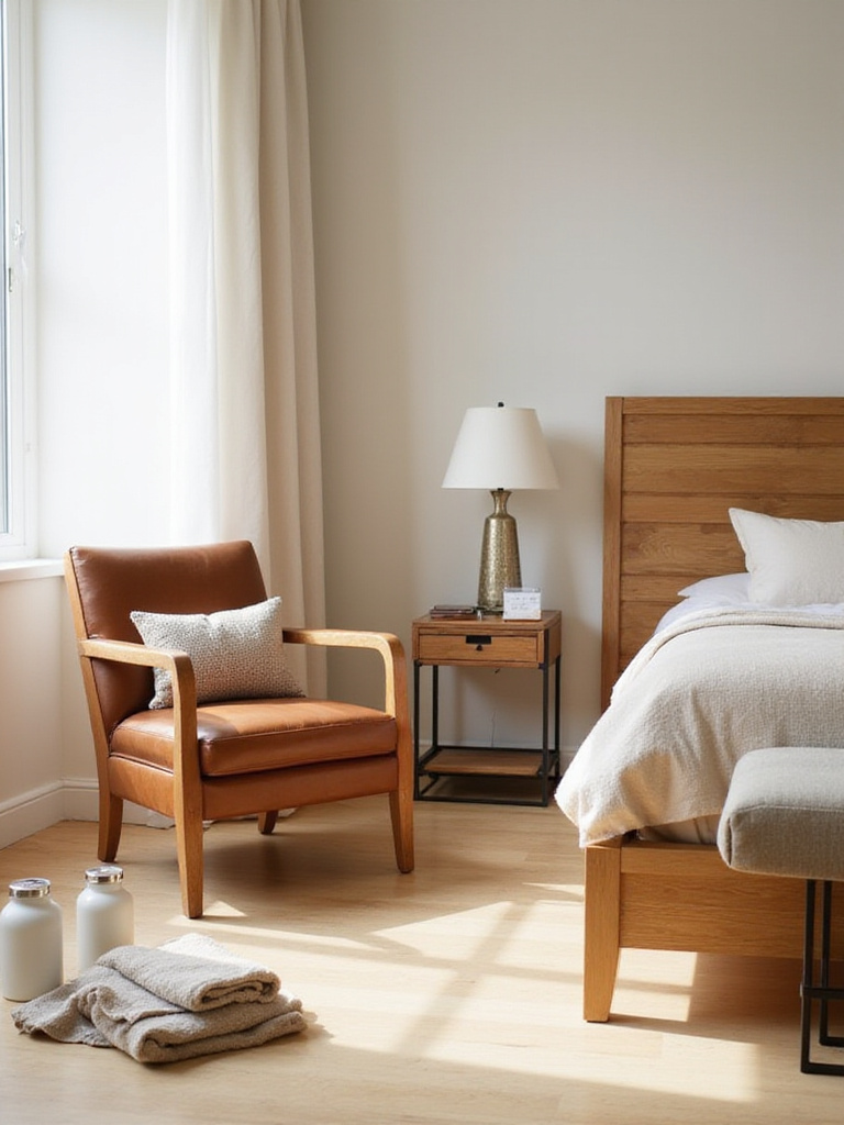 Portrait of a bedroom corner showing diverse furniture materials and care essentials