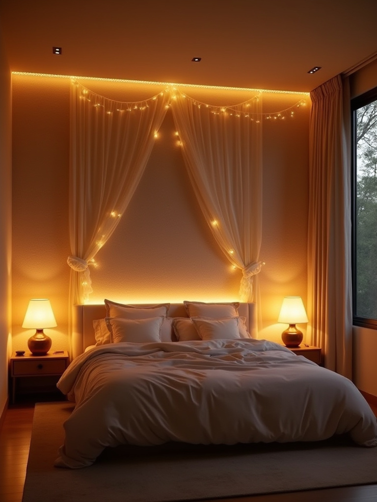 Cozy bedroom with layered ambient lighting, showing dimmable ceiling lights, floor lamp, and table lamps creating a soft, warm glow. Bedroom is inviting and tranquil, no people.