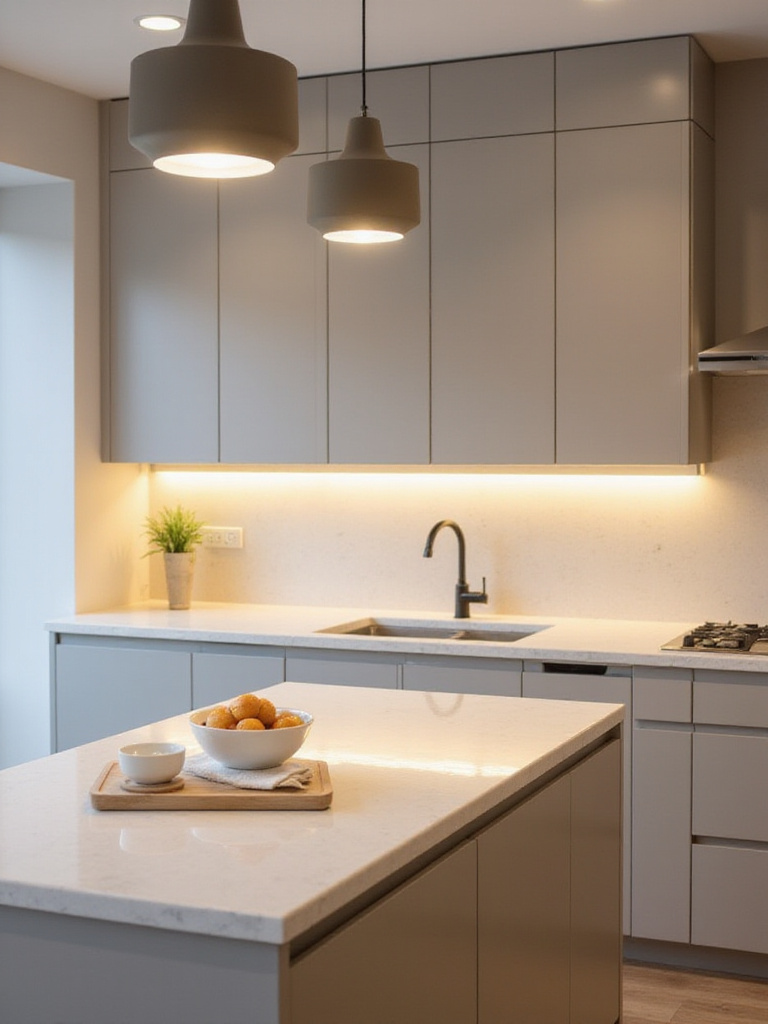 Portrait view of a small kitchen island with layered lighting: pendant task lights and undercabinet glow.