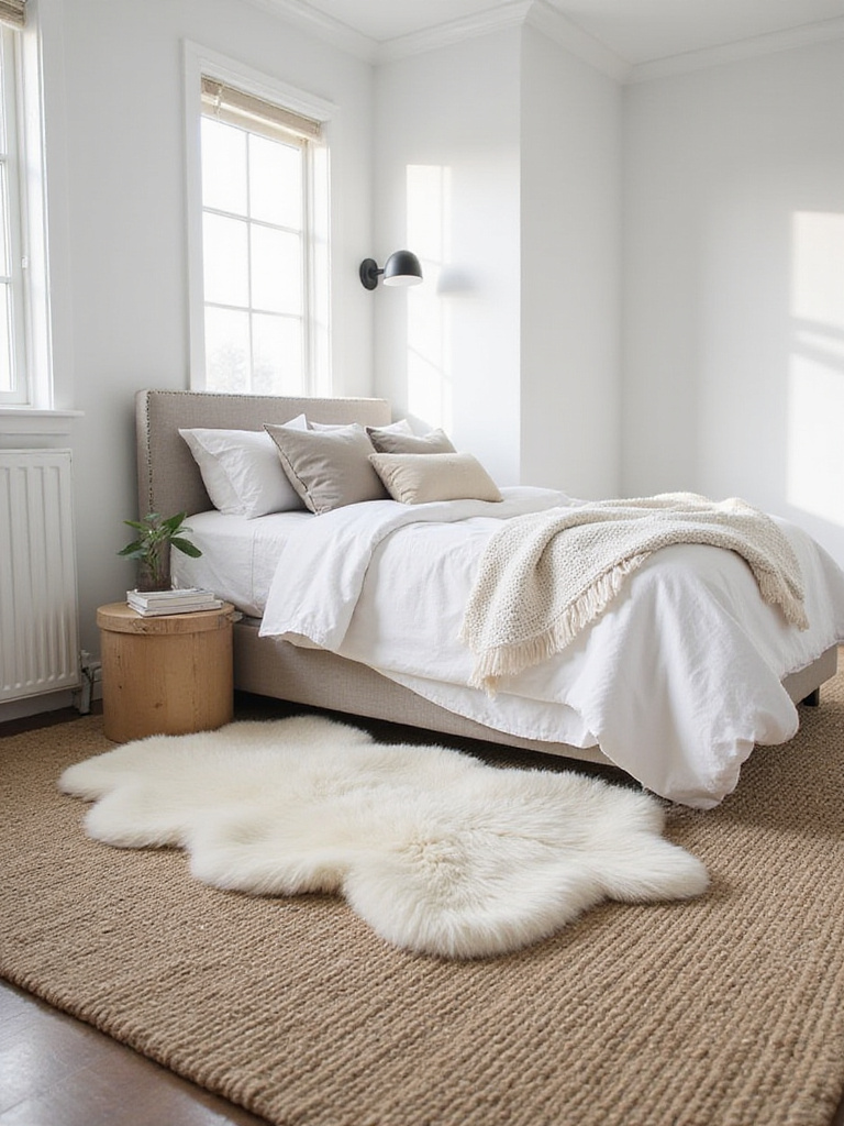 A bedroom with a large neutral base rug and a small plush ivory sheepskin rug layered at the foot of the bed, enhancing texture and coziness.