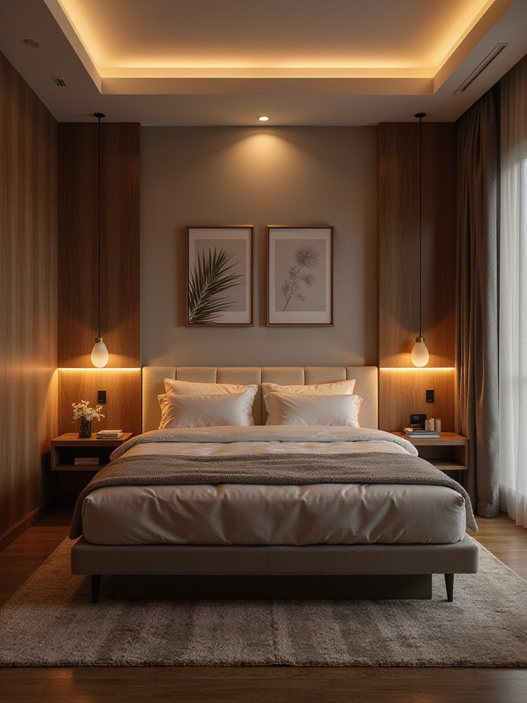 Bedroom portrait showing layered ambient, task, and accent lighting