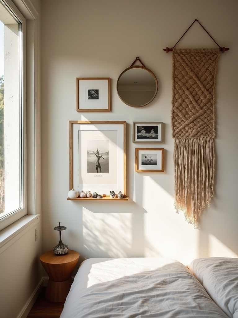 Vertical bedroom wall gallery with personalized art, photos, and textiles