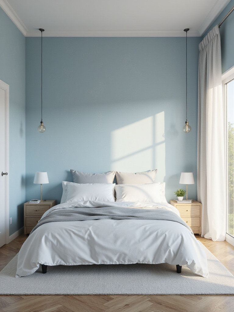 Bedroom with accent wallpaper in muted blue tones, illustrating color psychology for serenity and calm.