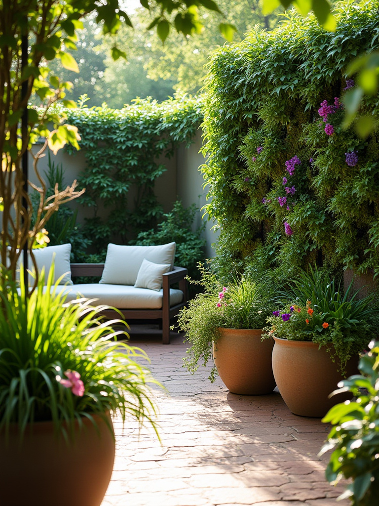 A backyard patio with lush greenery, featuring a modular vertical garden on a wall and large ceramic planters overflowing with diverse plants.