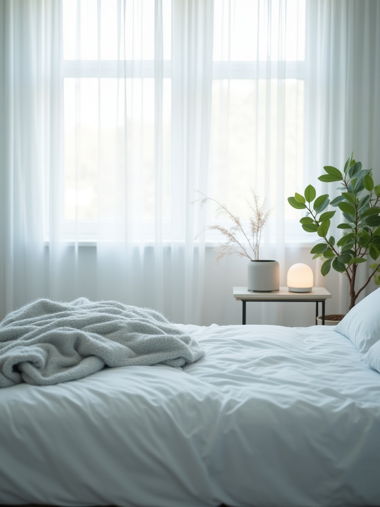 Serene, well-maintained bedroom interior with soft lighting, a sleek air purifier, and a plant, embodying perfect air quality and consistent temperature for a cozy sleep environment.